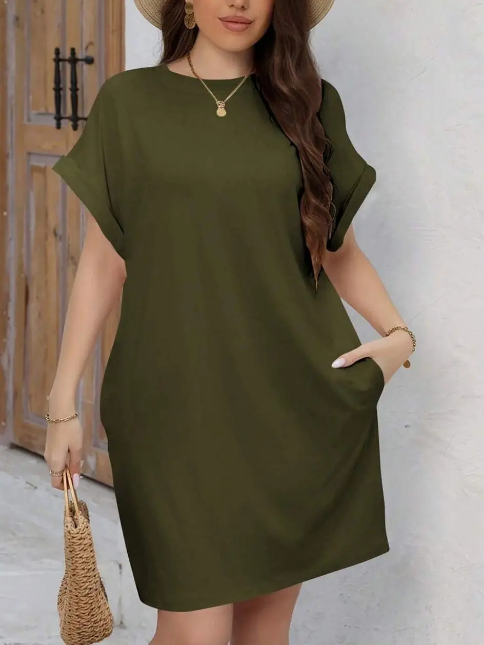 Plus Size Contrast Stripe Batwing Sleeve Dress, Comfortable Summer Round Neck Tunic Dress