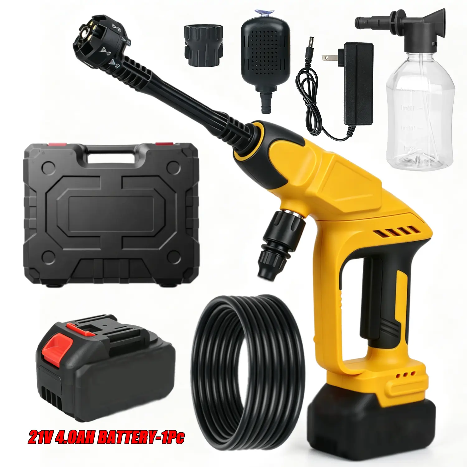 Portable Cordless Power Washer 21V, High Pressure Handheld Water Gun with 4.0Ah Rechargeable Battery & 6-in-1 Nozzle, Draw Water from Bucket or Pool, Lightweight Outdoor Cleaning Tool for Car, Patio, Fences & Roofs