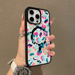 Rainbow leopard print Colorful Compatible Lightweight Anti-Fall Girly Chic MagSafe Case for iPhone 17 Pro Max Air 16 16e 15 14 Plus 13 12 11 X XS Pattern Acrylic Back TPU Edges Shockproof Ultra Thin Mobile Phone Cover Gift