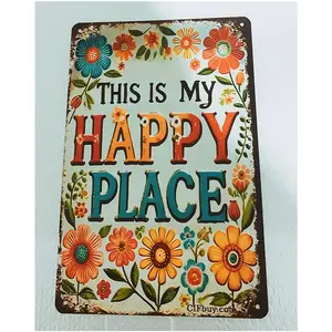 Aluminum Garden Flowers Happy Place Sign Wall Mounted Flat Decor for Outdoor Patio Fence Greenhouse Yard 8 x 12 Inches