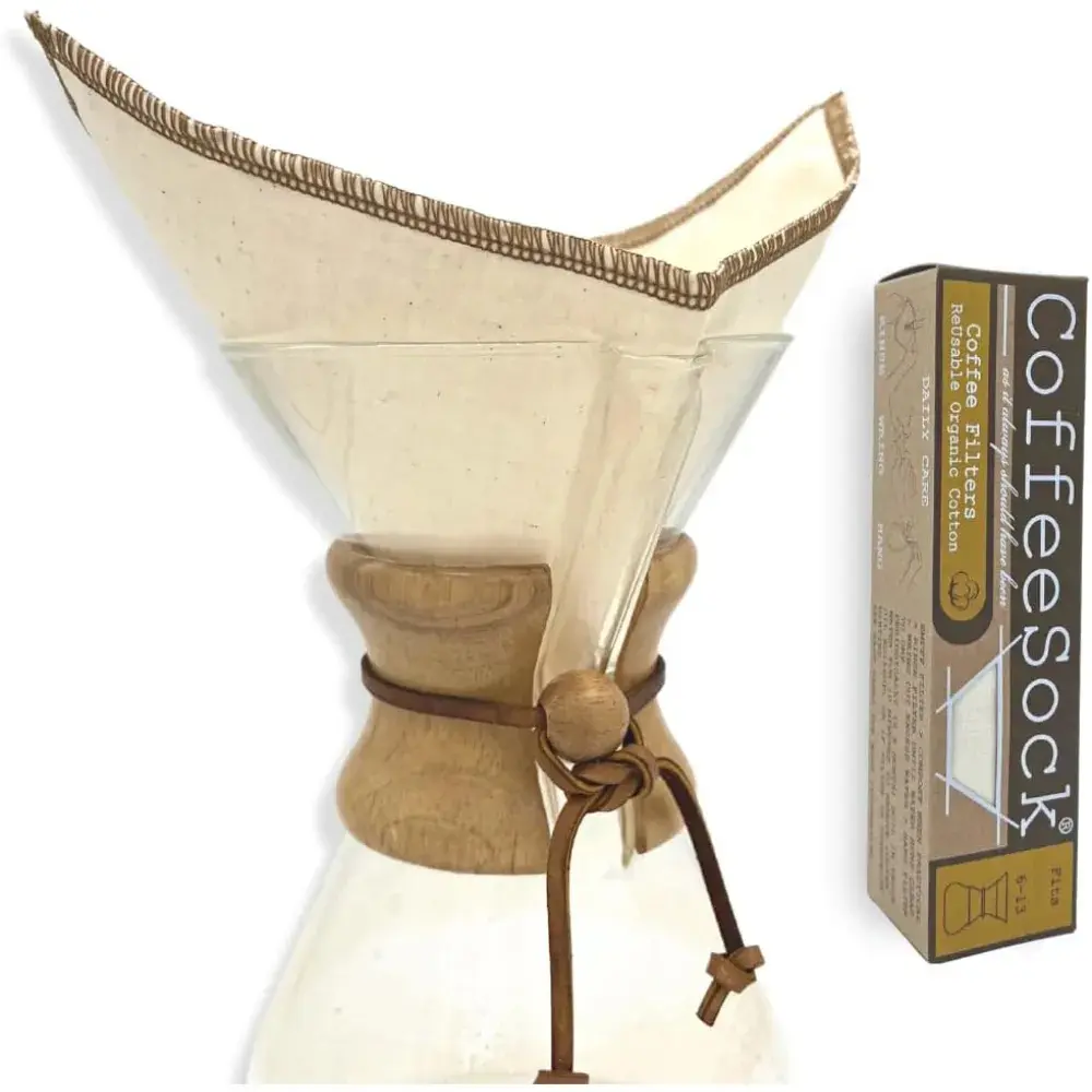 CoffeeSock ’The Original’ Reusable 100% Organic Cotton Coffee Filters - 2 pk - Fits Chemex® 6-13 Cup Coffee Makers | Coffee Sock Cloth Coffee Filter | Zero-Waste & Eco-Friendly
