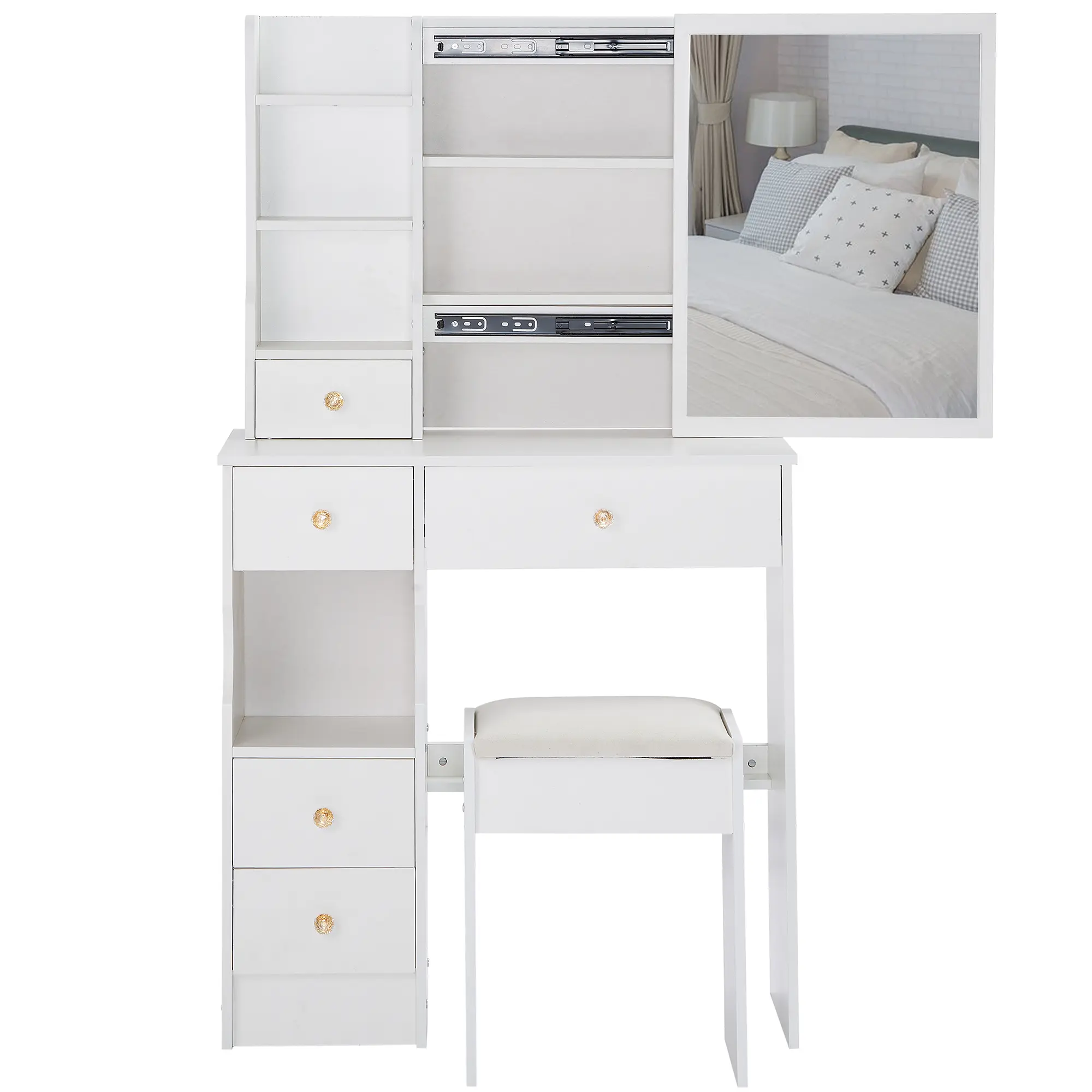 29.2" Long Small Space Desktop Vanity Table with Cushioned Stool - 50.4" High, Left Drawer, Extra Large Right Sliding Mirror, Multi-Layer High-Capacity Storage, Assembly Required, Practical Fashionable Dresser for Teens' Bedrooms