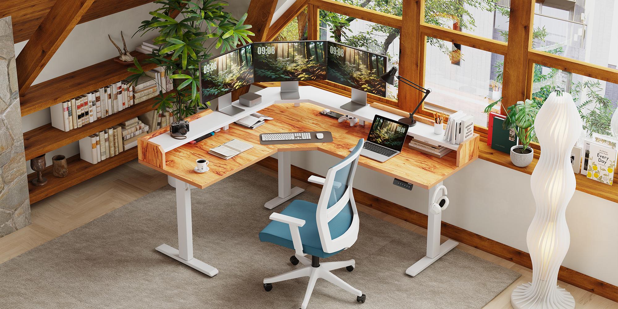 62.9" Electric L Shaped Standing Desk ,Adjustable Height Corner Desk with Monitor Shelf, Sit Stand Table for Home Office Computer Workstations,Splice Board,Gaming Desks Gifts for Men and Women,Rustic Brown/White/Black/Light Rustic Brown