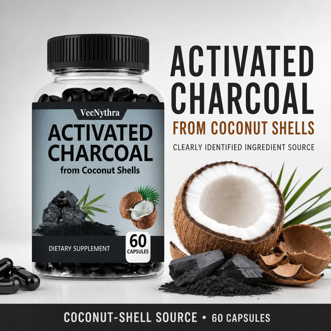 VecNythra Activated Charcoal Capsules, Support Digestive & Gut Health, Support Teeth Health, 60 Capsules, 30 Servings
