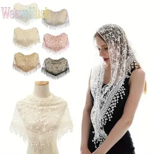 Women's Catholic Lace Triangle Mantilla Veil, Floral Tulle Chapel Scarf, Lightweight Soft Sheer Religious Hair Accessory for Church Mass, Wedding