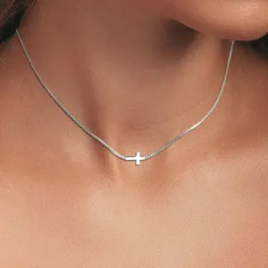 Silver Cross Necklace for Women 14K Gold Silver Plated Dainty Small Cross Pendant Choker Simple Trendy Cute Cross Charm Chain Necklace Easter Basket Stuffers Baptism Religious Faith Jewelry Gift
