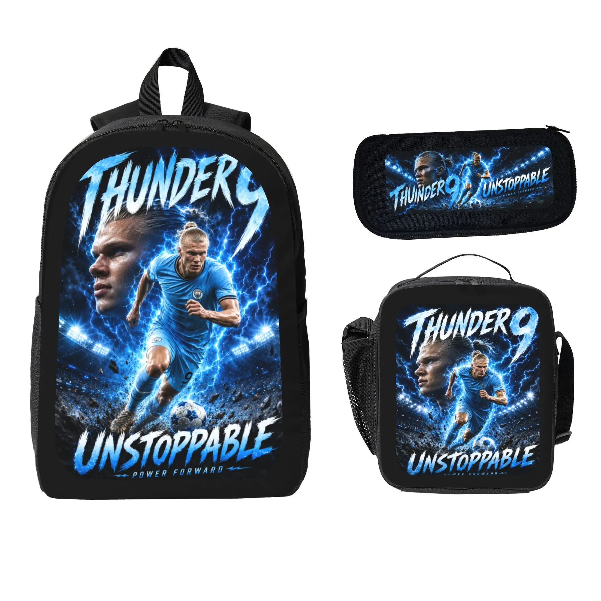 3-Piece Soccer Sports Bag Set for Boys and Teens, 17 Inch Backpack with Insulated Lunch Shoulder Bag and Pencil Case, Lightweight Football Travel Gear with Padded Straps, Side Mesh Pockets and Bold Blue Thunder Graphic