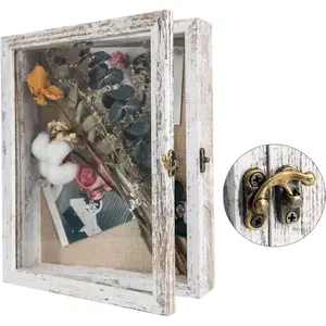 Shadow Box Frame 8x10 Display Case with Linen , Real Glass Window Door with Hinge, Picture Frame Wedding Bouquet Memorabilia Medals Photos Memory Box for Keepsakes, Rustic White