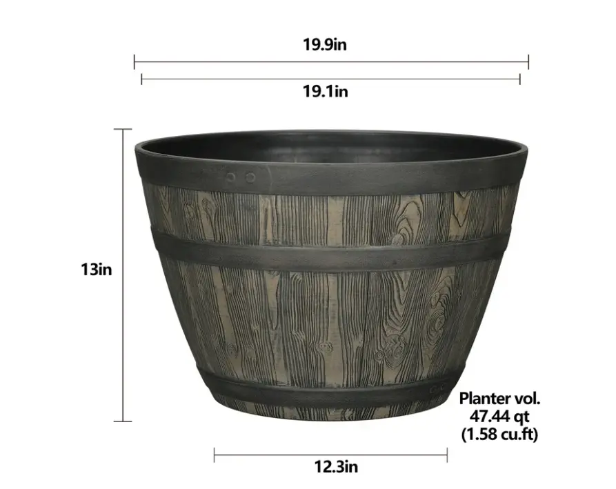 Whiskey Barrel Brown Resin Planter, 19.9in x 19.9in x 13in Whiskey Barrel Brown Resin Planter, 19.9in x 19.9in x 13in
