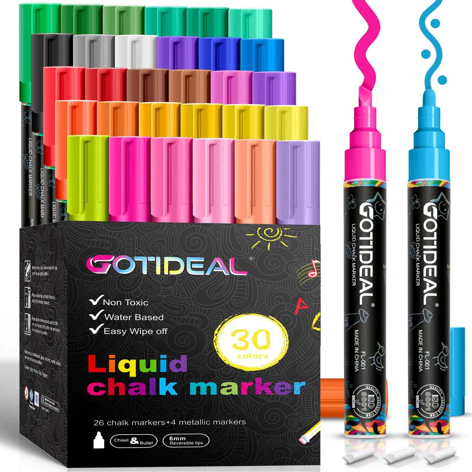 GOTIDEAL Liquid Chalk Markers 30 Vibrant Colors Wet & Dry Erase Dust-Free Pens 6/10mm Tips for Chalkboards Windows Glass Blue Pink
