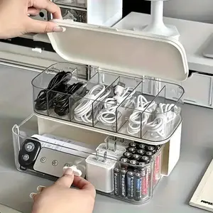 Double-Layer Transparent Desk Cable Organizer Box - Compact Wire/Charger Storage for Home & Office, Adjustable Dividers + Cable Management Pouch, Sturdy Workspace Organizer, Office Supplies, Cord Organizer