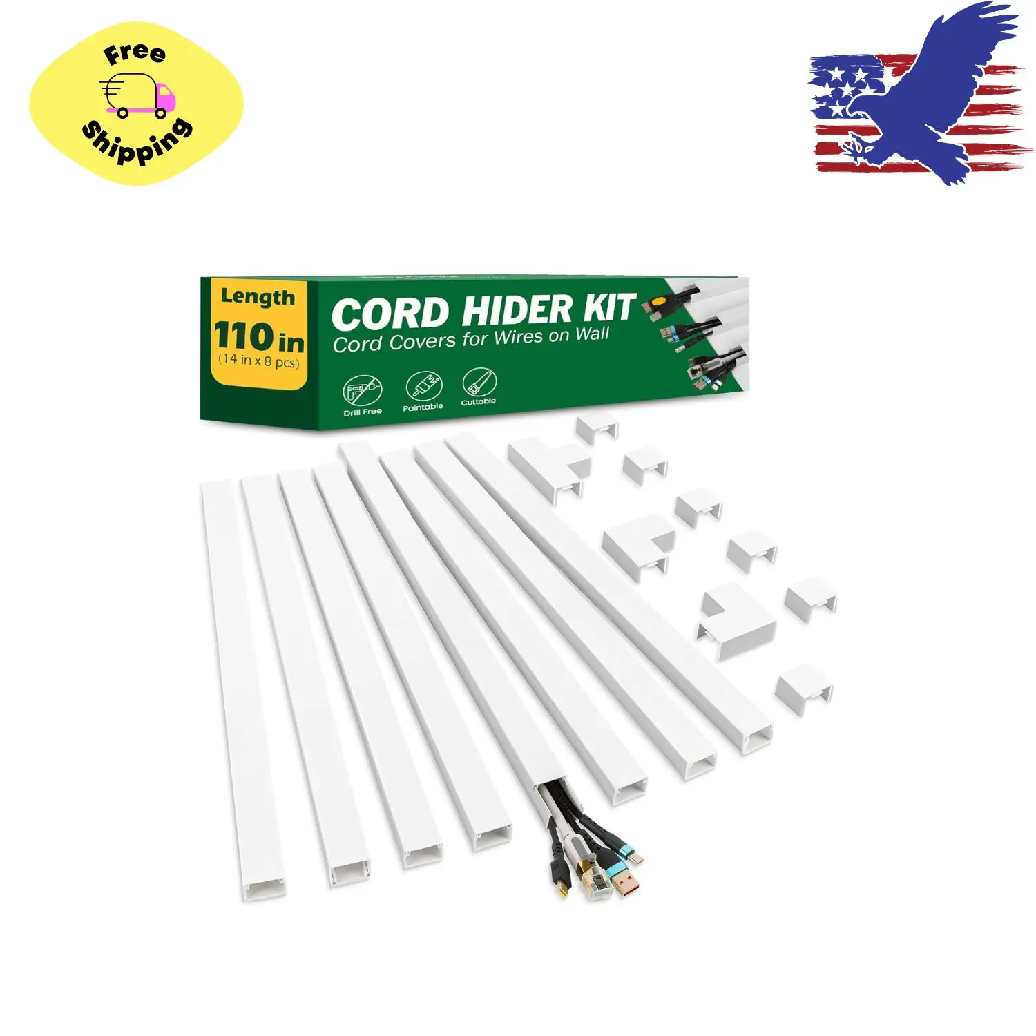 Cord Hider Kit, 110in Cord Covers for Wires on Wall 8X L14in X W0.96in x H0.57in