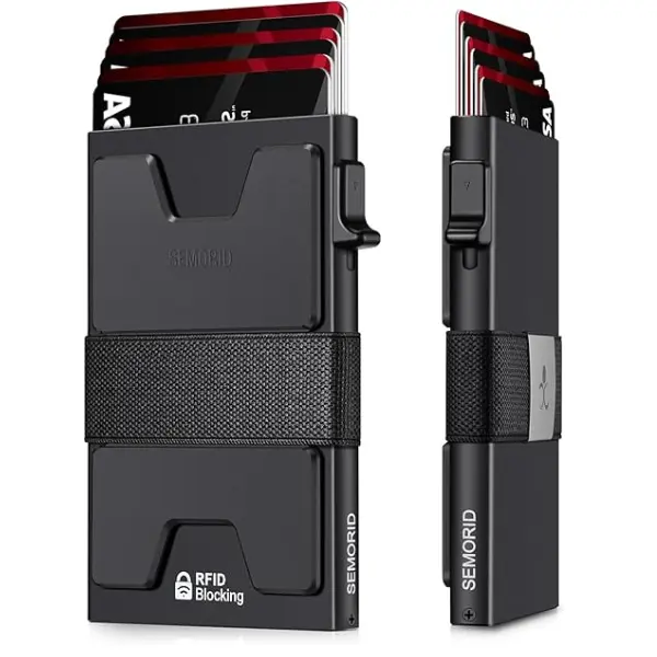 Men's Aluminum Credit Card Holder Wallet - Minimalist Slim Pop-Up Design with RFID Blocking, EZ Open, and Durable Expandable Backplate, Compact Size, Holds 12+ Cards, Black Metal Men's Wallets, Minimalist Decluttering, Everyday Carry, Organized And Secure