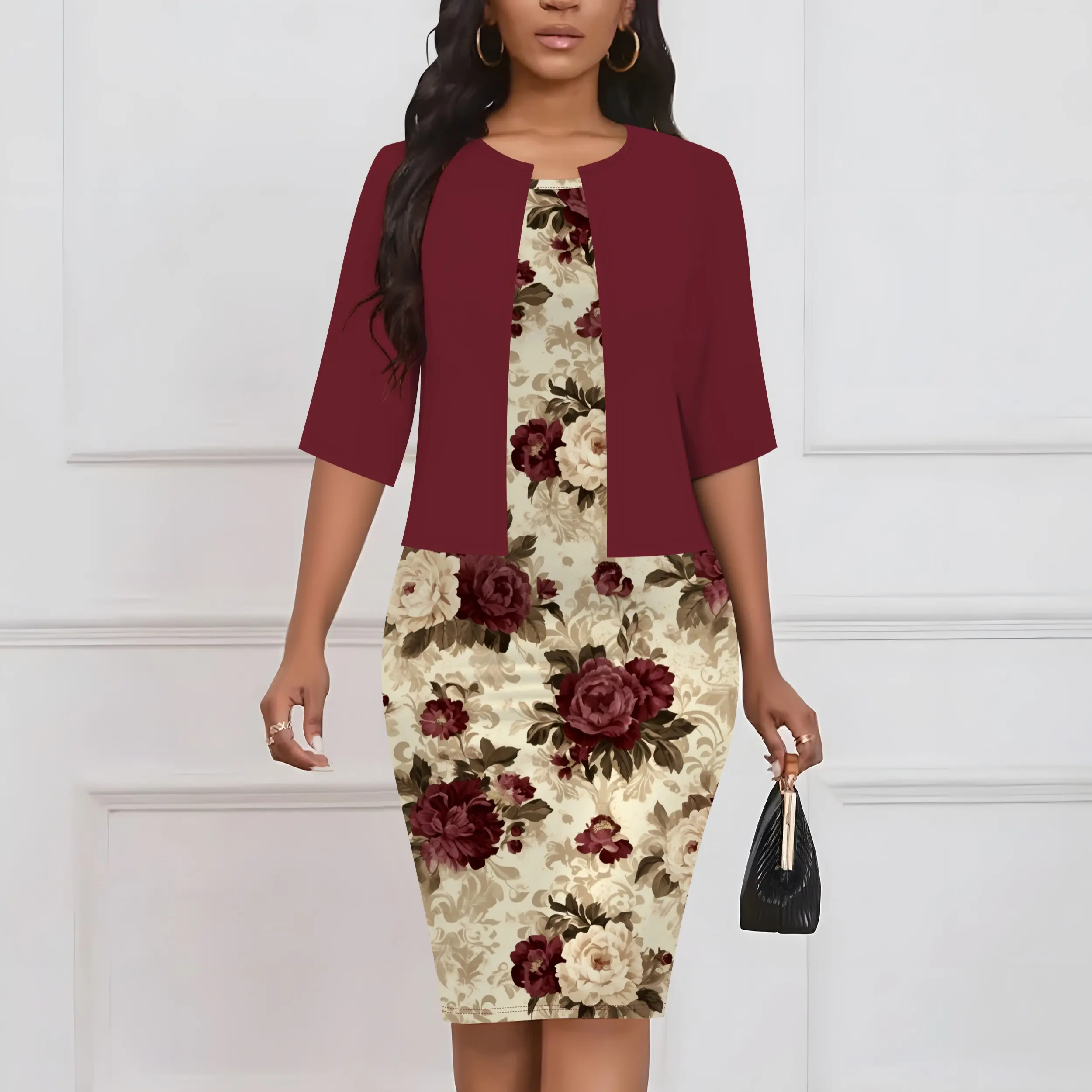 Women's Elegant Set Solid Color Cardigan Short Sleeve Jacket & Floral Print Suspender Dress Two-Piece Set for Garden Parties Summer Casual Chic Crewneck