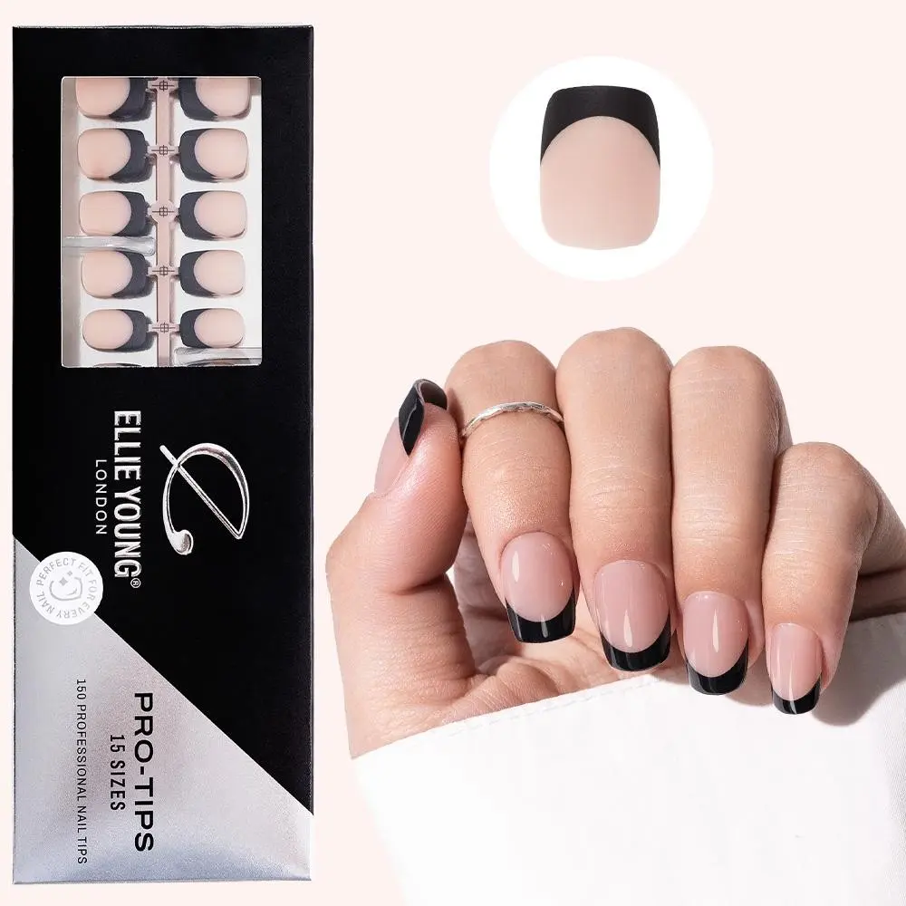 ELLIE YOUNG PRO-TIPS Short Square Black French Tips with Nude Base, 150pc Press-On Nails Kit – Matte False Nails, 15 Sizes, Matte Gel Acrylic Look, Soft Gel DIY Extensions Fake Nails