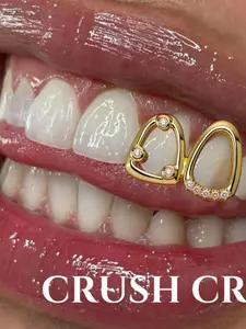 CRUSH CR 1pc 18K Gold Plated Copper Dual-Tooth Grillz, Triangle & Teardrop Design with CZ Stones, Gold/Silver Options, Unisex Hip-Hop Tooth Jewelry For Women, Girls & Men, Teeth Cover Girls, Parties, Street Fashion & Daily Wear