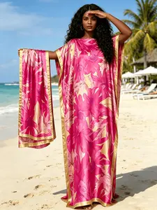 2026 New Women's 2 Piece Pink & Gold Floral Print Kaftan Maxi Dress with Matching Scarf, Silky Loose Satin Robe, Plus Size Friendly, Beach Cover Up, Resort Vacation & Evening Party Wear