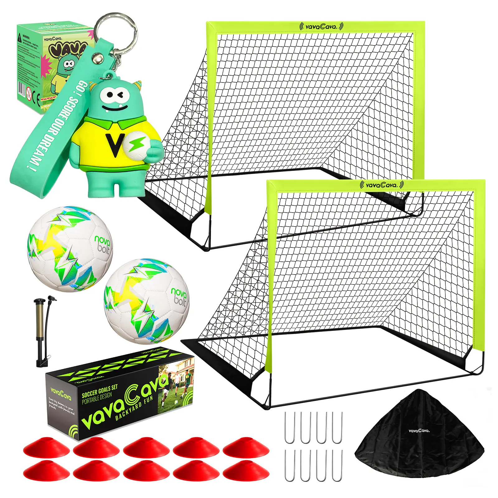 VavaCava 4'x3' Size Portable Soccer Goals Set for Backyard Fun, 2 Nets, 2 Size 3 Balls, 10 Marker Cones, Pump Carry Bag and Cute Keychain, Outdoor Games for Backyard, Beach, Lawn, Soccer Training Equipment