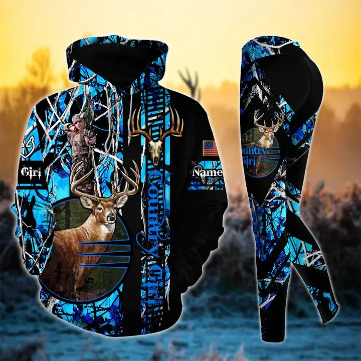 Premium Deer Hunting Skull Pattern Country Girl Personalized 3D Style 7 Combo Hoodie and Leggings Set – Custom Deer Hunter Outfit for Women