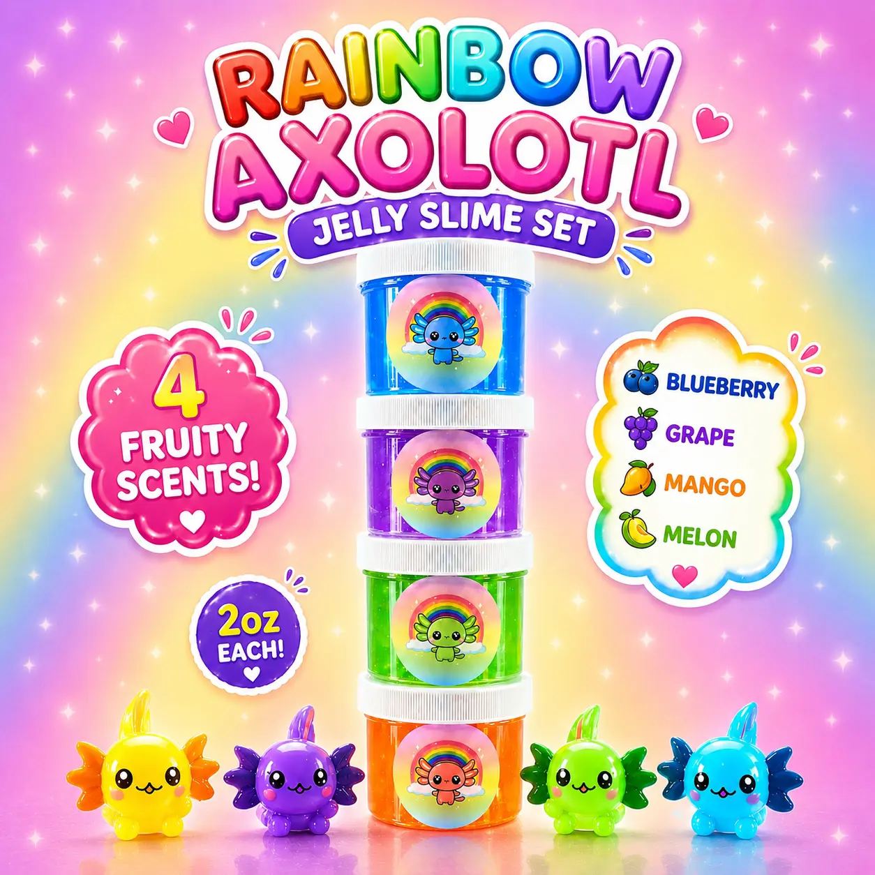 Hoshimi Slimes LLC Unisex Kids' 4-Piece 2oz Scented Rainbow Axolotl Jelly Slime Set - Non-Toxic PVA Glue, Charms, Glitter, Novelty Squishy Toys, STEM Fun Learning Kit for 12+ Years (Memory Training & Observation)