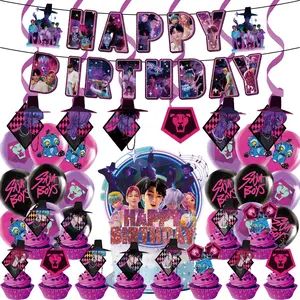 themed birthday party balloons, cake decorations, banner, backdrop, party set, gifts, and fan merchandise.