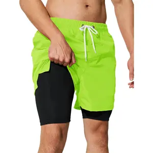 Mens Swim Trunks with Compression Liner 5 inch Inseam Quick Dry Bathing Suit 2 in 1 Board Shorts