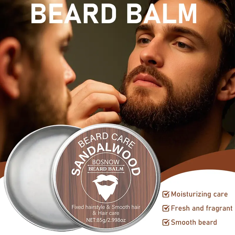 BOSNOW Sandalwood Beard Balm (85g/2.998oz) - Jojoba Oil Infused, Fresh, Moisturizing, Smoothing Men's Grooming Styling Balm