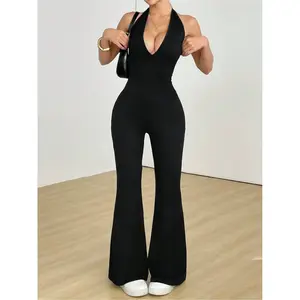 Women’s retro V-back suspender jumpsuit with flared legs, stretchy bodycon fit, womenswear