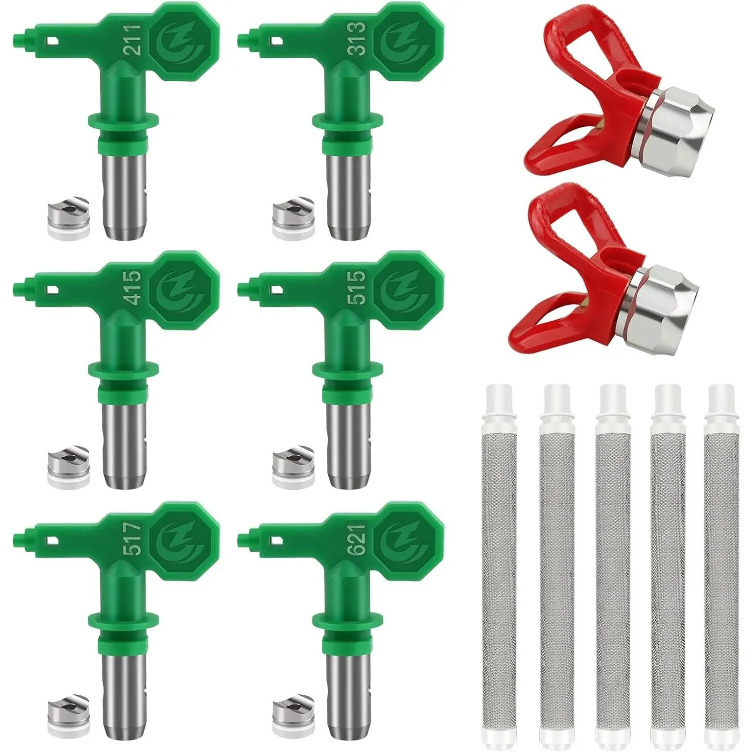 6 Pcs Airless Paint Sprayer Tips Set - High Pressure Reversible Spray Tips (211, 313, 415, 515, 517, 621) with 2 Pcs Nozzle Tip Guards & 5 Pcs Spray Gun Filters - Compatible with Graco, Wagner - Durable Sprayer Accessories for Professional Painting