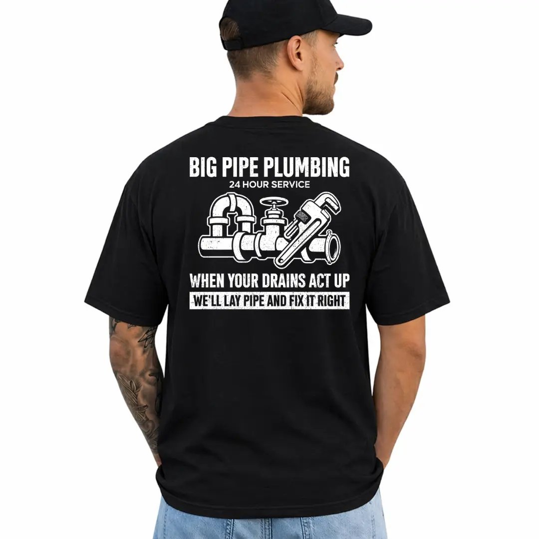 Funny Big Pipe Plumbing T-Shirt, Short Sleeve Printed Graphic Shirt, Daily Casual Cotton Menswear