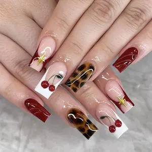 24 Pcs Wine French Square Nails, 3D Cherry Sculpture & Tortoiseshell Design, French Nail Art, Glossy Gel French Tips False Nails, Reusable, Free Jelly Glue & Nail File