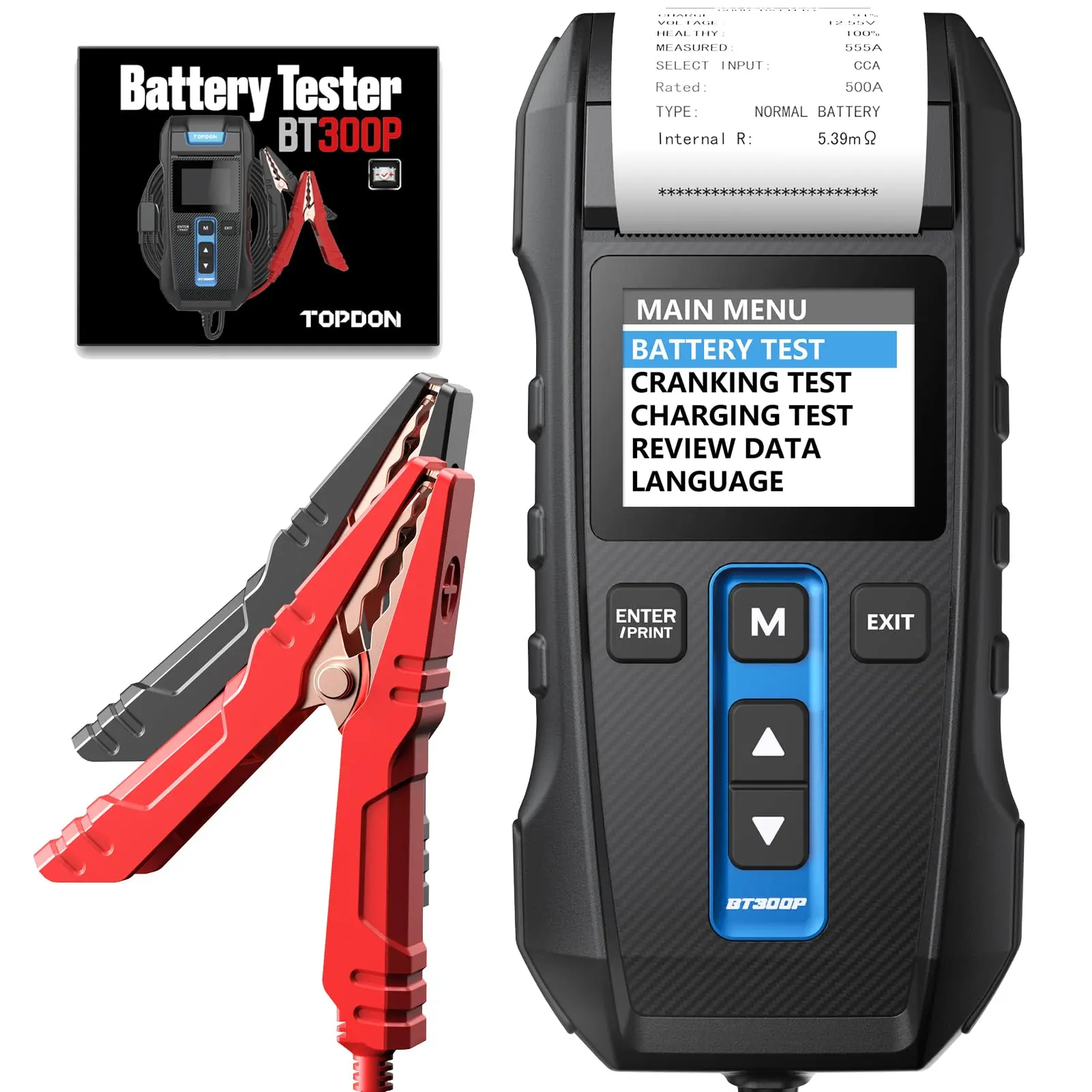 TOPDON BT300P Battery Tester 12V 24V 100-2000CCA Lead-Acid Battery, Alternator Tester, Load Tester, with Built-in Printer, Spark Free Metal Clamps, Automatic Reverse Polarity Protection
