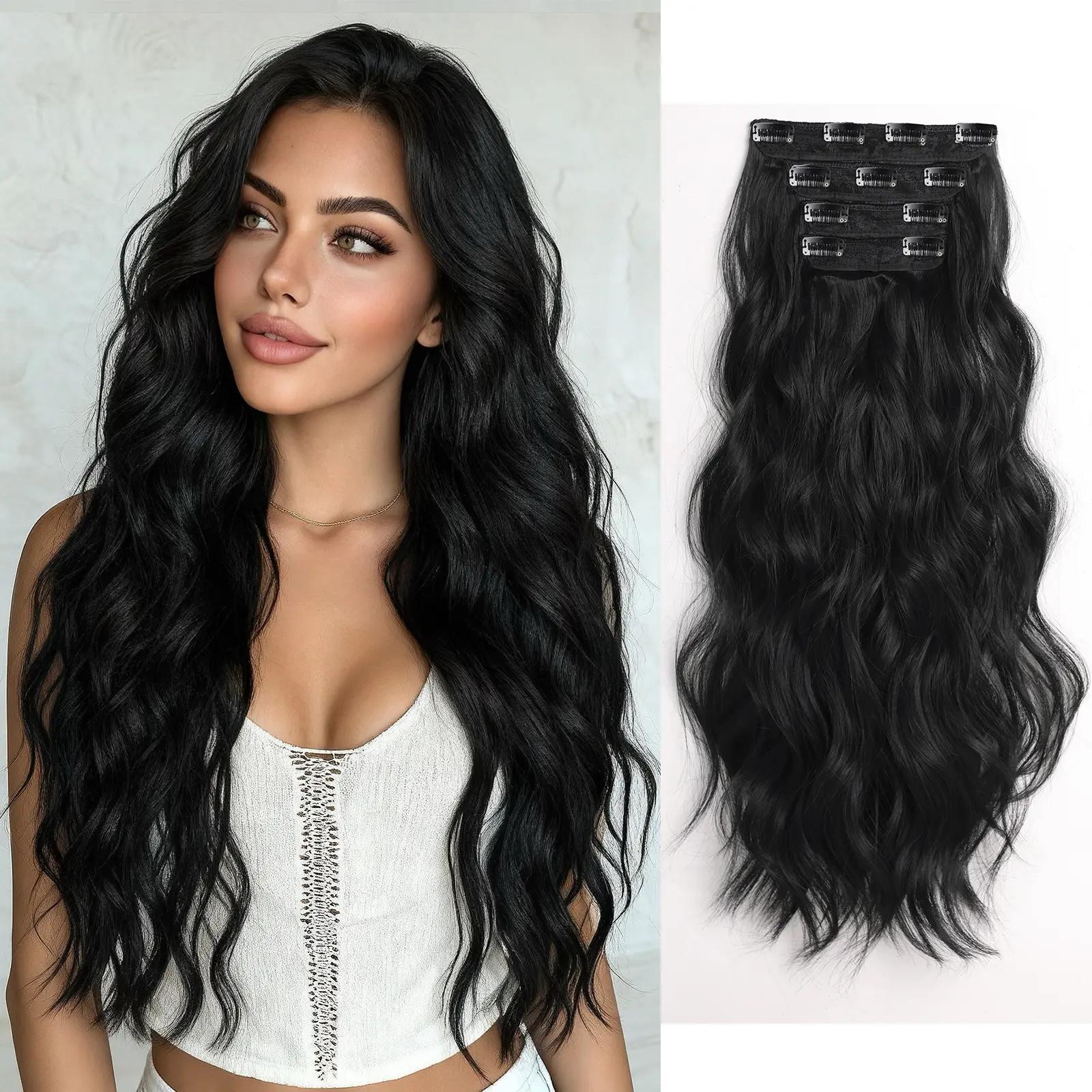 XIXISNOW Female Premium Synthetic Curly Wave Clip-In Hair Extensions, 4-Piece Thick Volume 18-26in Flush Mount Synthetic Soft Hairpieces for Casual Outings, Premium Synthetic Hair, Clip Hair Extensions