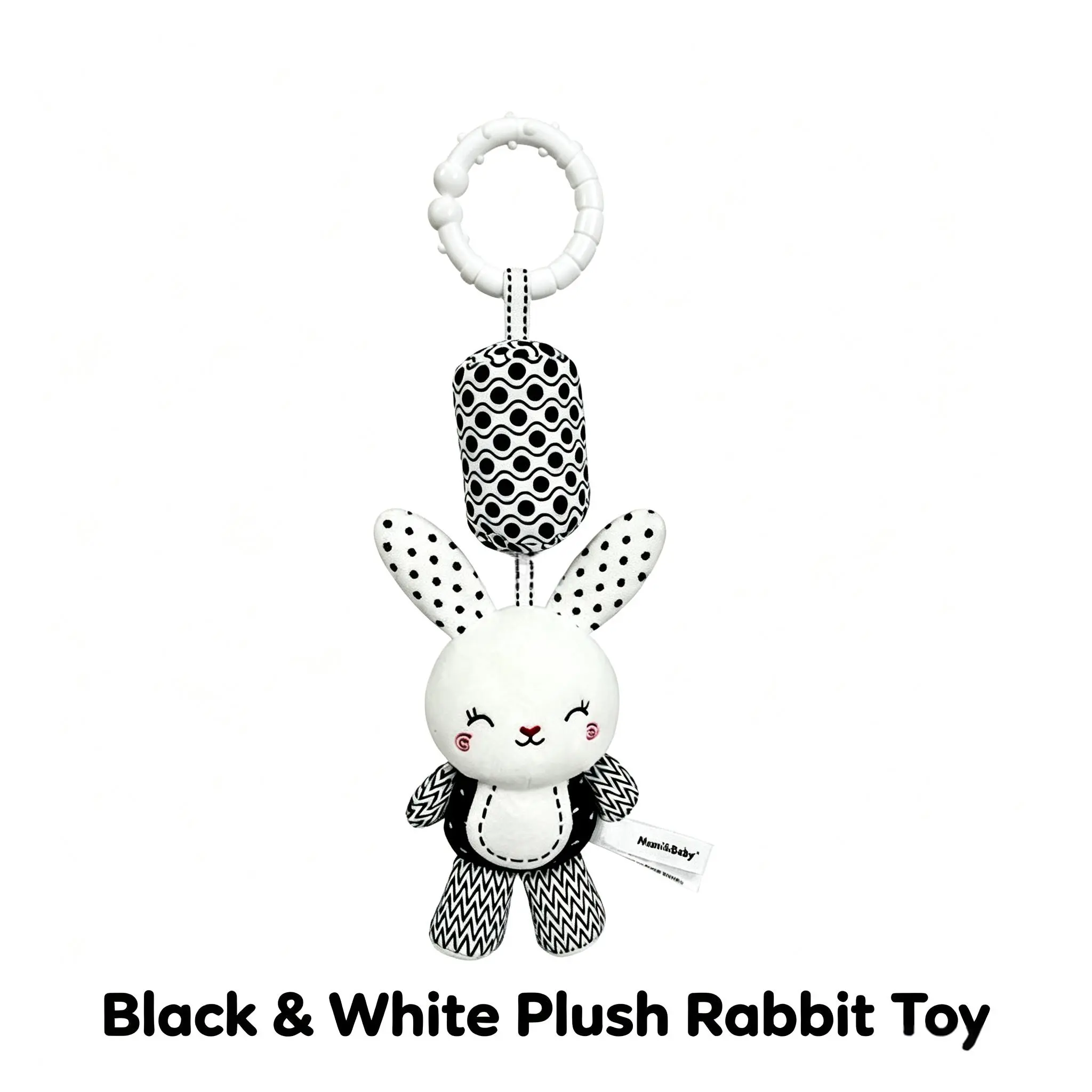 Black White Geometric Bunny Plush Hanging Ornament, Cute Closed Eye Rabbit Stuffed Pendant with Teething Ring, Soft Animal Plush Wind Chime Decor for Bag Car Stroller Room Aesthetic Gift for Girls Women