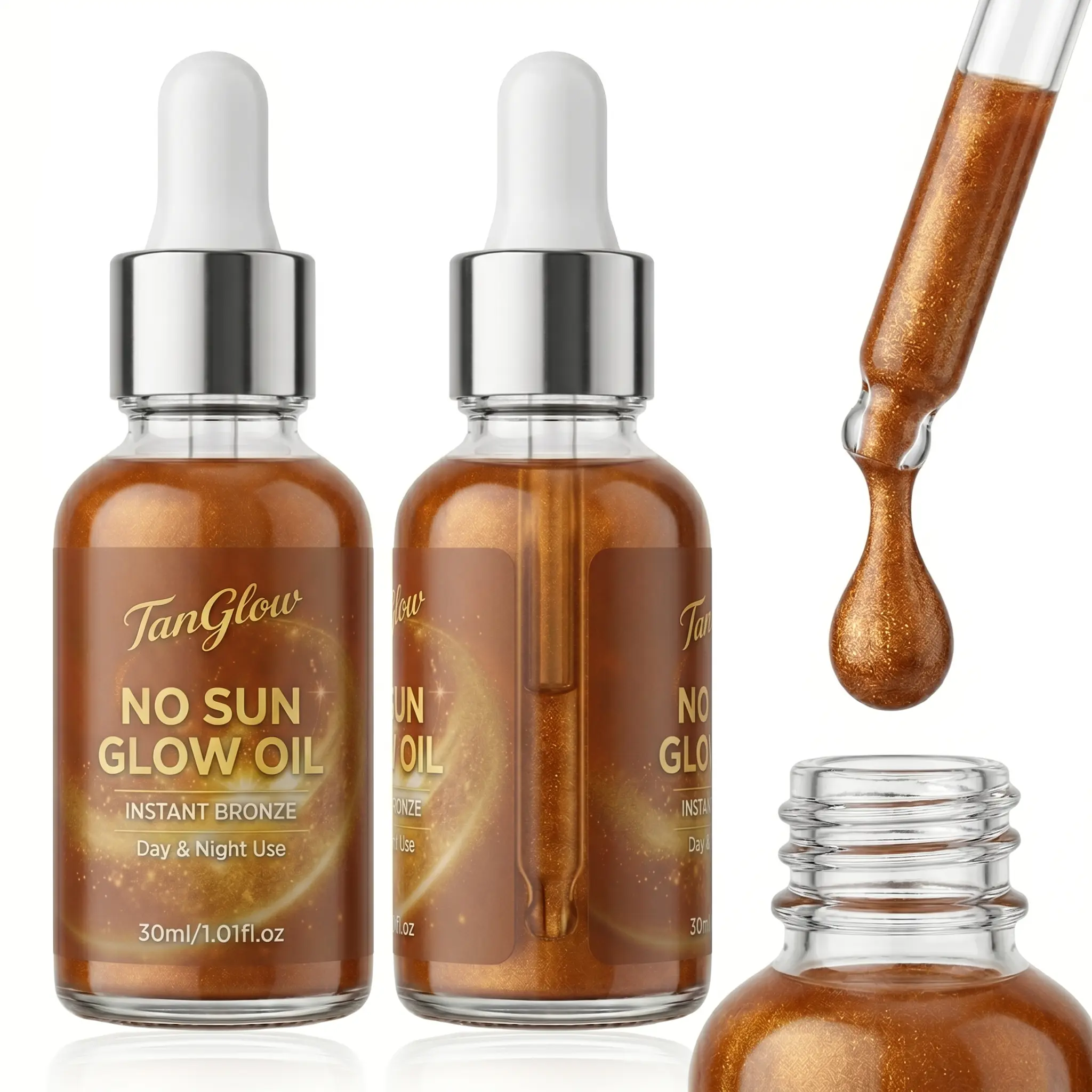 Sunless Tanning Glow Oil Moisturizer - Beauty Products with Hyaluronic Acid, Vitamin C, Shimmer, Minerals, Brightening Formula for Uneven Skin Tone, Face & Body Self Tan Primer, 1.01 fl oz, Brush Compatible