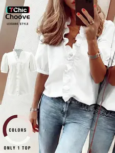 Women's Casual Short Sleeve Shirt, Ruffle V Neck Design, Lantern Sleeves, Perfect for Daily Wear, Stylish and Comfortable