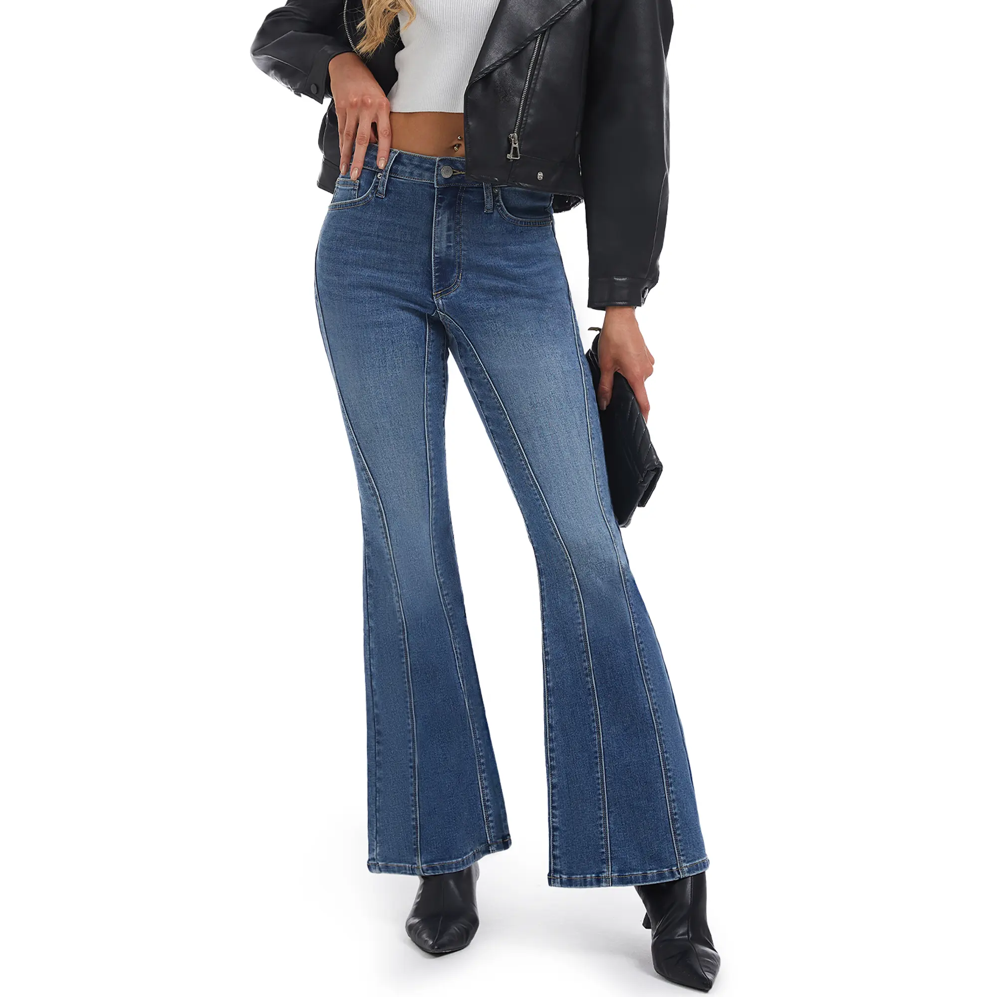 YUCOLEN Women's Flared Jeans - Stretchy Bootcut Bottoms with Button Fly, Decorative Seams, Pockets & Slim-Leg Style for Casual Outfits, Denim, Stretchy Jeans, Retro Flare Vibe, Seam‑Line Slim Look