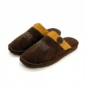 All Season Cowboy Boot Stitch Suede Leather Slippers with Square Toe Comfy House Shoes for Unisex Indoor Outdoor