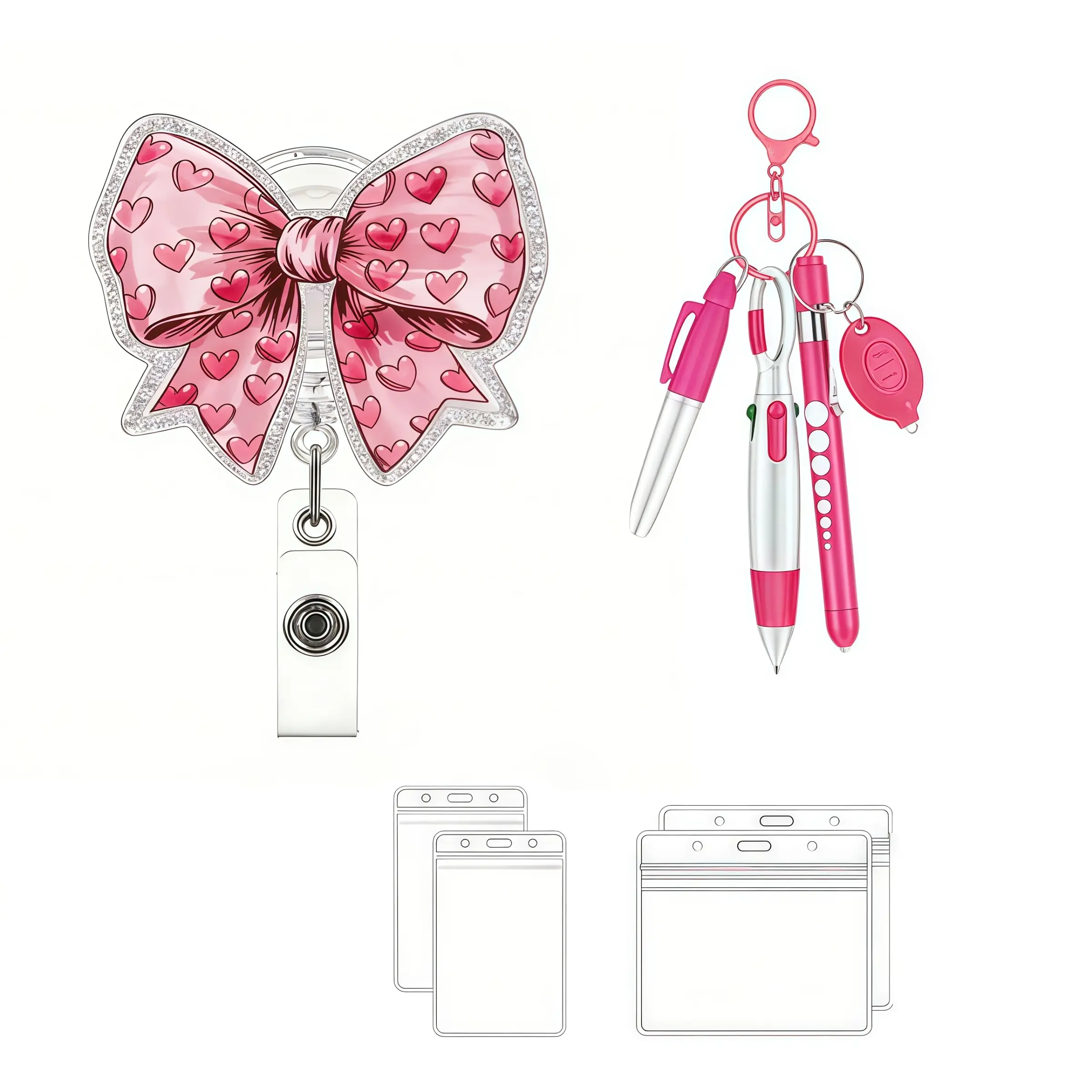 Bow Stretchable Badge Reel Set, Includes Nurse Pen Keychain and ID Card Holder, Perfect Gift for Nurses, Teachers, Office Staff, Medical Workers, Nursing Students