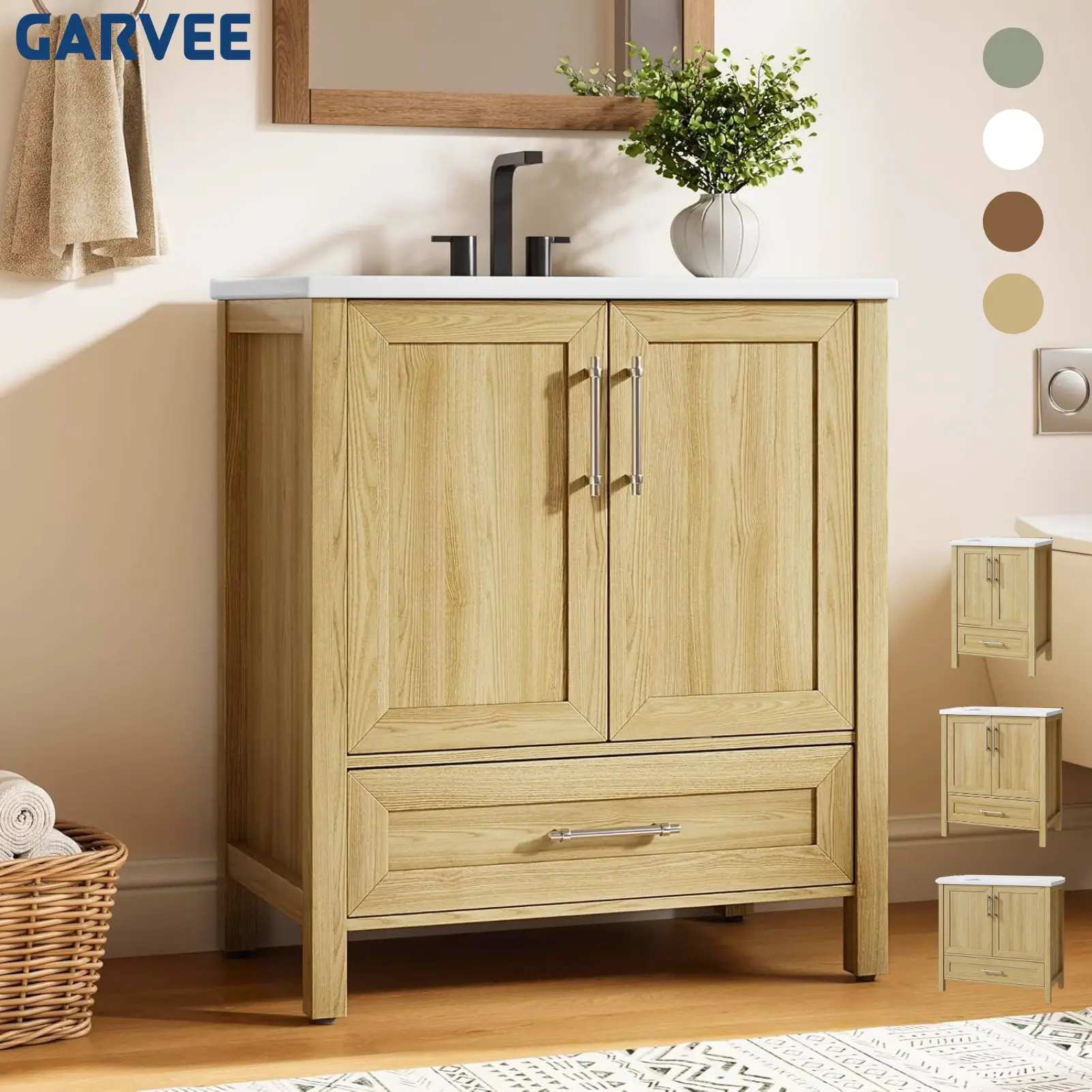 Garvee Modern Bathroom Vanity Set with Ceramic Basin, Freestanding Cabinet with Drawer and Soft-Close Doors, Single Basin, Easy Assembly, Space-Saving Storage, Natural Wood Finish