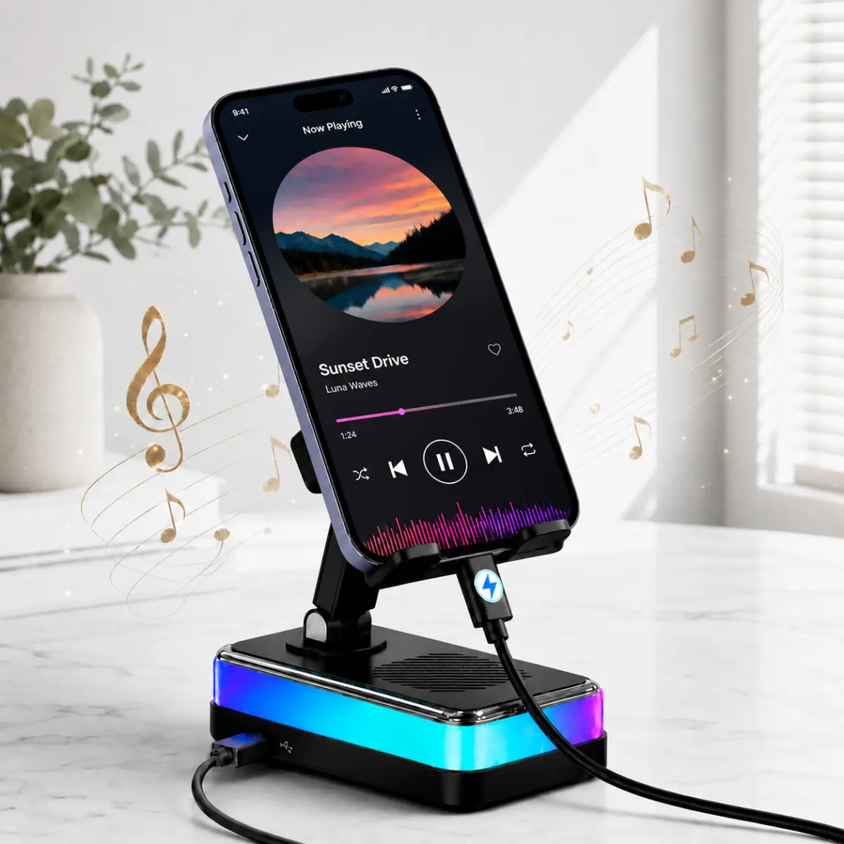 Wireless Induction Speaker Stand, 5-in-1 Adjustable Phone Tablet Holder, 3000mAh Rechargeable Emergency Power Bank, 360° Rotating Mount with 7-Color RGB Ambient Light, Tech Gifts for Men Women