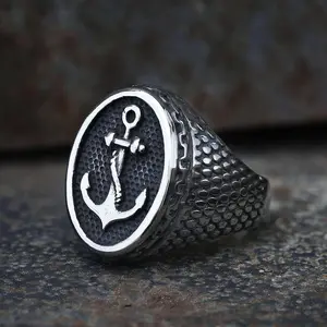 GTHIC Carved Anchor Marine Men's Ring Stainless Steel Signet Ring for Sailor Daily Wear Father's Day Gift