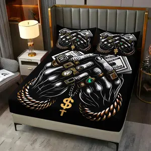 3Pcs Hip Hop Money Hand Print Fitted Sheet Set, Soft and Breathable Bedding Set With Non-Slip Deep Pocket Design, Suitable for Bedroom Decoration All Year Round, Suitable for Men'S Bedrooms, Dormitories, Guest Rooms, and Rvs (Without Pillow Core).