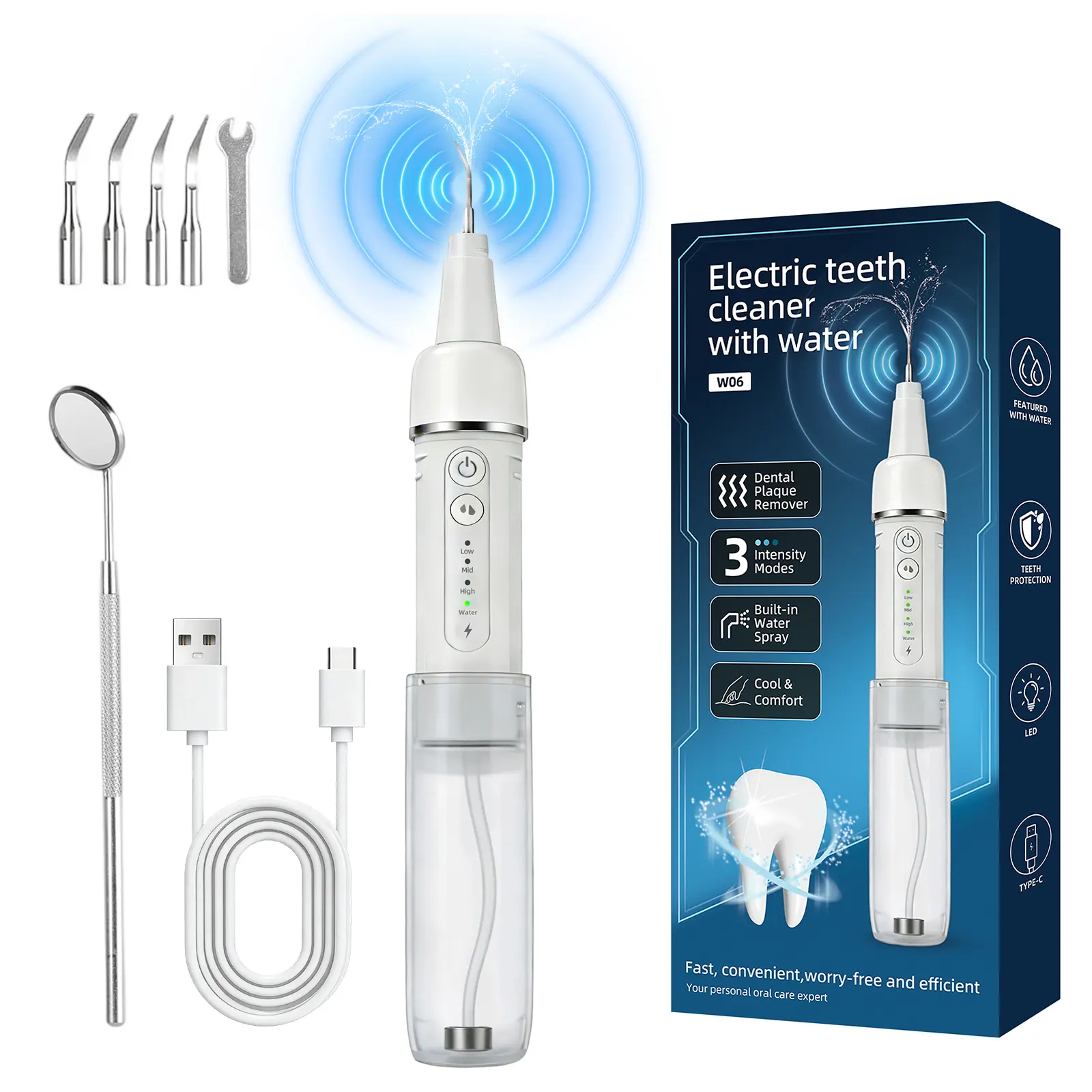 MDLIKE Cordless Battery Powered Water Flosser Kit for Adults - Cleansing Oral Irrigator, IPX6 Waterproof Plastic Device, LED Light, 3 Cleaning Modes, 3 Vibration Levels, 80ml, Rechargeable with Built-in Batteries & Cells for Tartar Removal