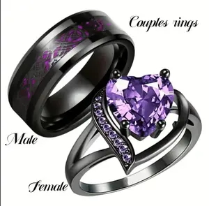 Romantic Couples Rings Women Heart Vintage Promise Ring Men Dragon Ring Purple Red Green Blue Zircon Promise Ring for Men Women Engagement Wedding Gift