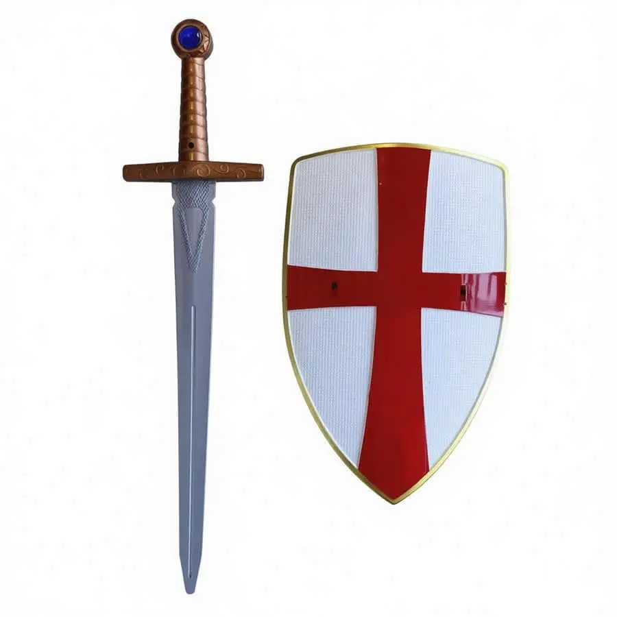 2-Piece Medieval Crusader Shield 12" + Warrior Sword 20" Red Cross Shield Plastic Swords Costume Cosplay Props Halloween