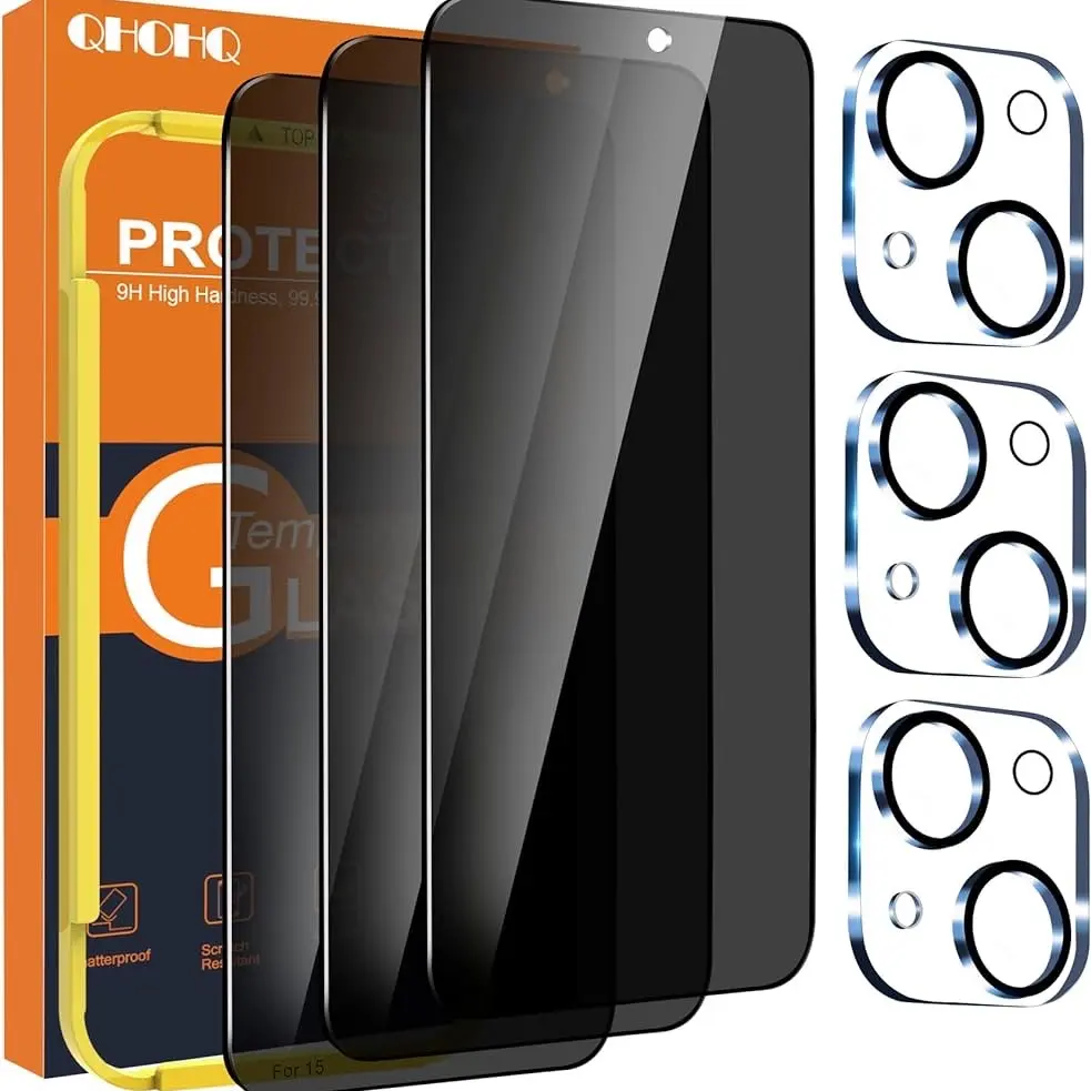 Free crystals and iPhone 15 or 15 Pro Privacy Screen Protector Combo [6.1 Inch] with 3 Pack Camera Lens Protector, Anti Spy Tempered Glass Film, 9H Hardness, HD, Bubble Free, Case Friendly - Black