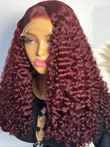 Soft Natural Glueless Synthetic Wig, 24 Inch Long 180% Density Wine red Curly Hair, Deep Part Frontal Wig for Women with Baby Hair, Glueless Curly Lace, Kinky Curly Wig