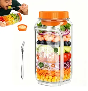 Leak-Proof Mason Jar Salad Container Fork Included | Side Opening Salad Jar with Dressing Compartment - Microwave & Dishwasher Safe, Portable Meal Prep Box for Lunch (Home, Office, Travel)