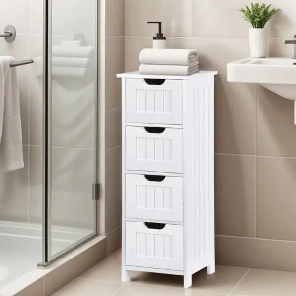 White MDF Wood 4-Drawer Sturdy Bathroom Storage Cabinet - Maximizing Storage Capacity Narrow Space Organizer, Anti-Tip, Fits as Bedside or Bath Towel/Toilet Paper Side Table
